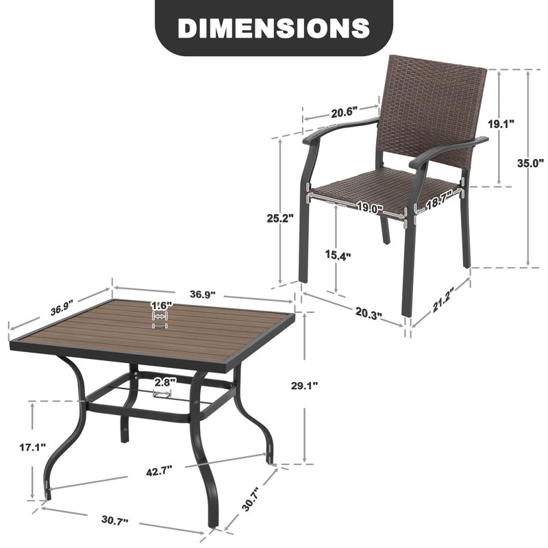 Ensemble de salle à manger 5 pièces pour patio en osier avec plateau en faux bois et trou pour parasol