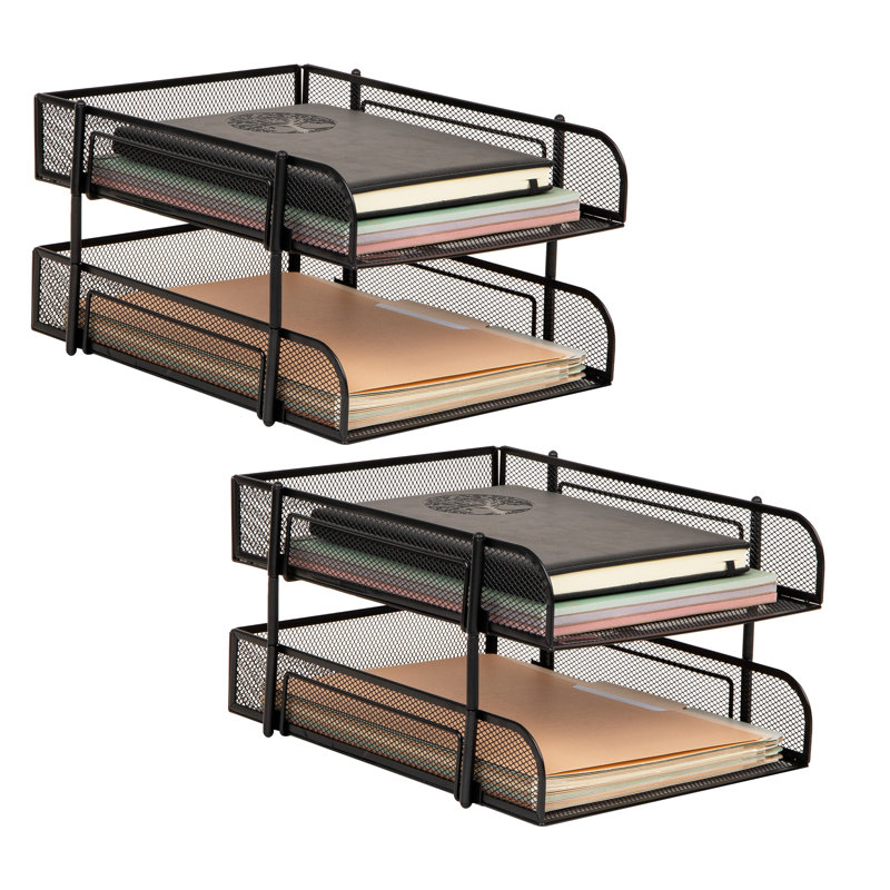 2-Tier Stackable Paper Tray, Metal Mesh Desk Organizer for Files, Documents, and Mail, Office Desktop Storage, Black