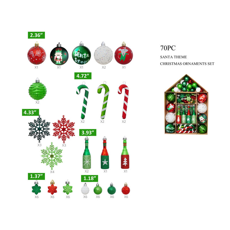 Ensemble de 70 décorations à billes incassables assorties, Rouge / vert / blanc