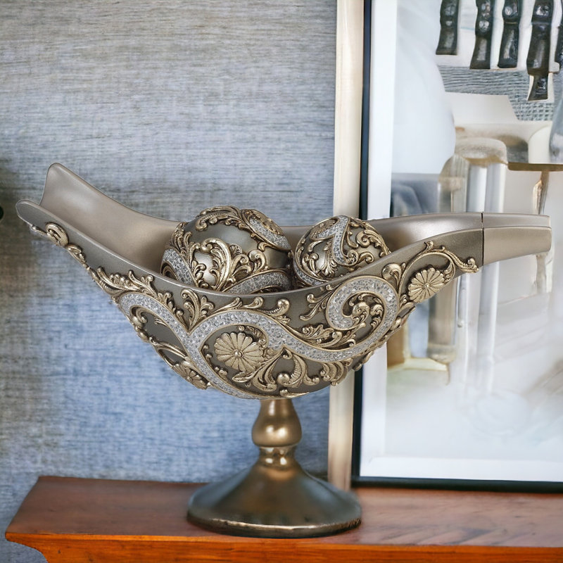 Bronze and Silver Polyresin Decorative Bowl with Orbs