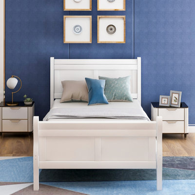 Solid Wood Twin Bed Frame With Headboard, In White & Platform