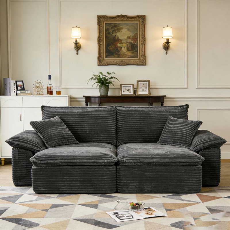 81" Sectional Sofa - Oversized Corduroy Cloud Couch with Movable Ottoman, Gray