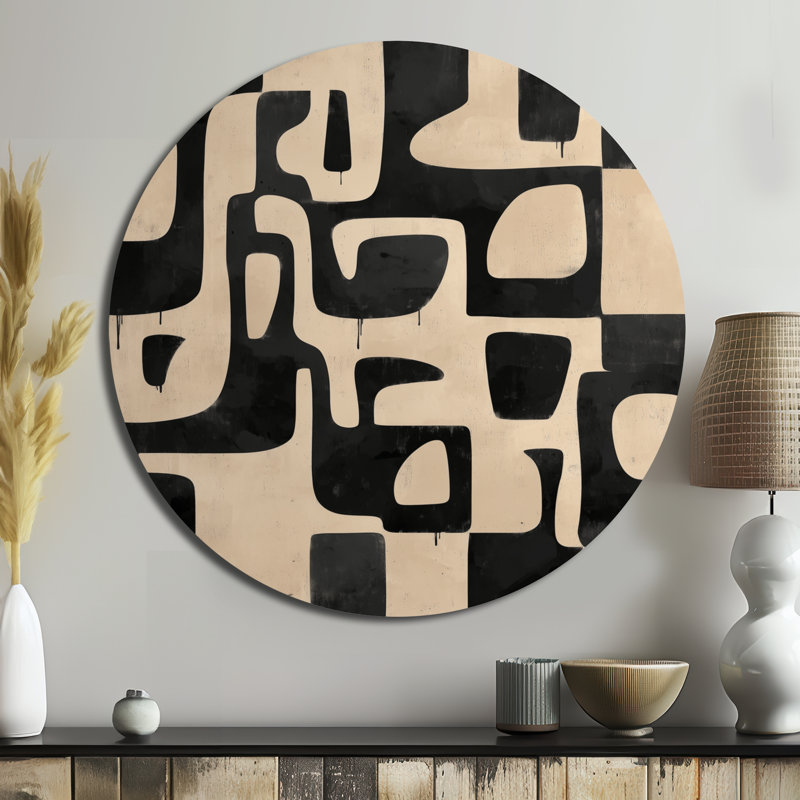 Beige et noir Boho mosaïque tons de terre - décoration murale abstraite géométrique ronde en métal, L 36 po x H 36 po