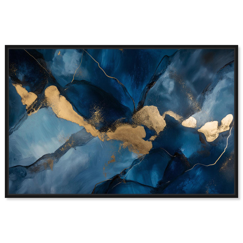 "Dark Blue Texture with Golden Touch I", art mural bleu par , H 11 po x l 16 po, Cadre flottant noir