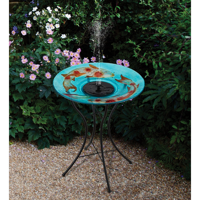 Fontaine de bain à oiseaux 23 "en verre à énergie solaire avec bol à motifs et support en métal, Carpe koï