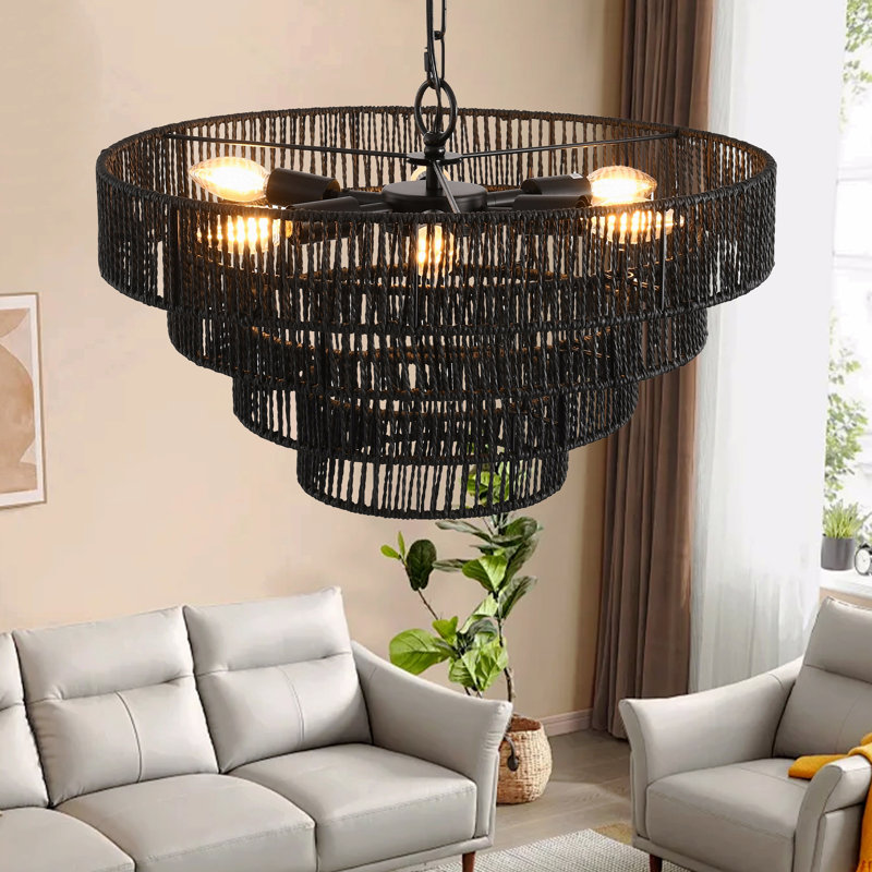 20" Rustic 4-Tier Hemp Rope Pendant Light Chandelier With 6 E12 Sockets, Handmade Tiered Boho Ceiling Light Fixture