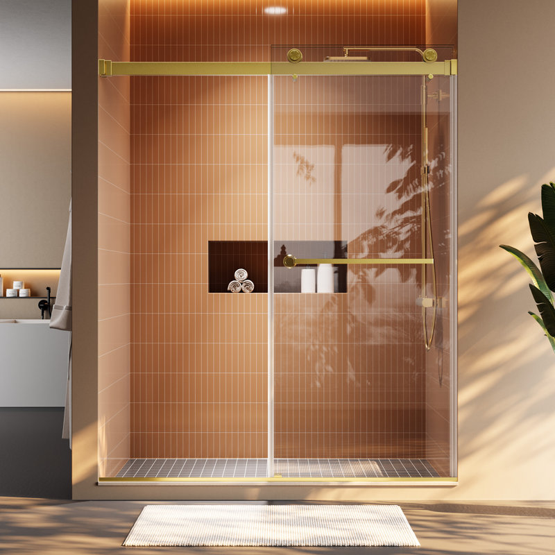 55-59" W X 72" H Frameless Double Sliding Shower Door | 8Mm SGCC Certified Light Wave Tempered Glass | Reversible Installation | Brushed Gold Stainless Steel Hardware