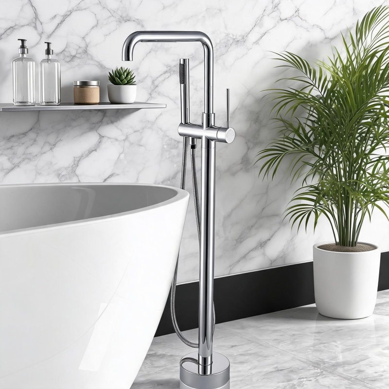 Robinet de baignoire autoportant avec douche à main au fini chromé et fabrication en métal