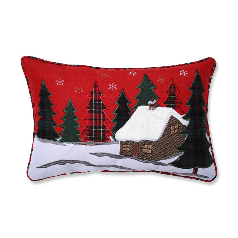 Christmas Cabin Red and Green Embroidered Lumbar Pillow