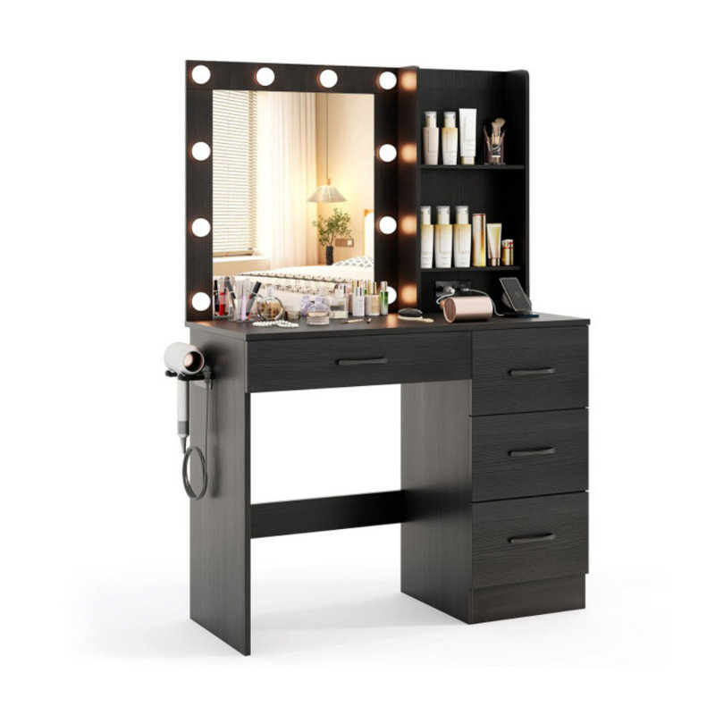Vanity Desk with 3-Color Lights and Power Outlets, Black