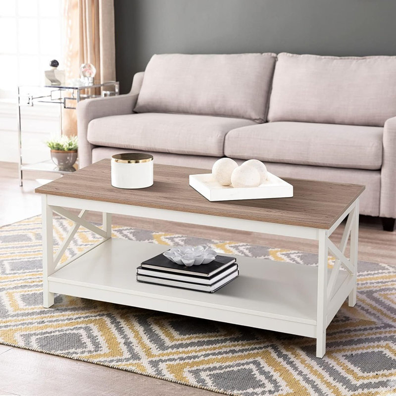 Table basse Farmhouse avec tablette de rangement pour le salon, ivoire