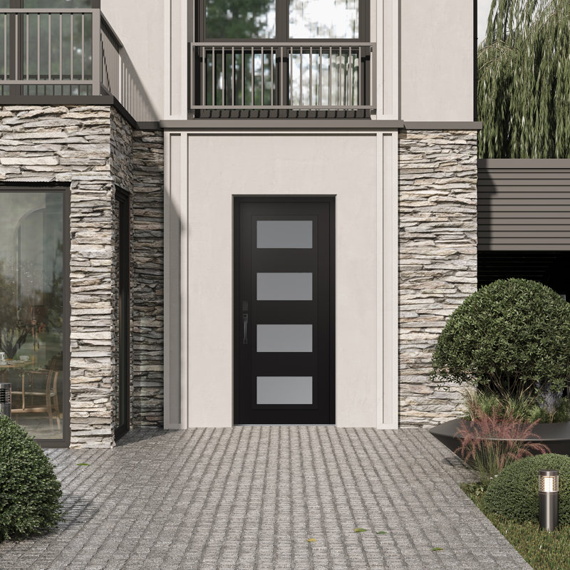 C2 Panel Black Steel Black/White Prehung Front Entry Door, Right