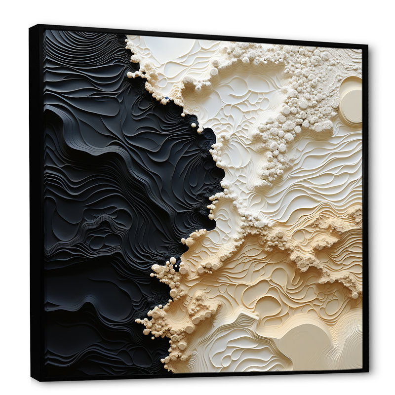 Abstrait crème et noir liquide, reproduction d'art sur toile côtière, Reproduction avec cadre flottant, H 16 po x l 16 po