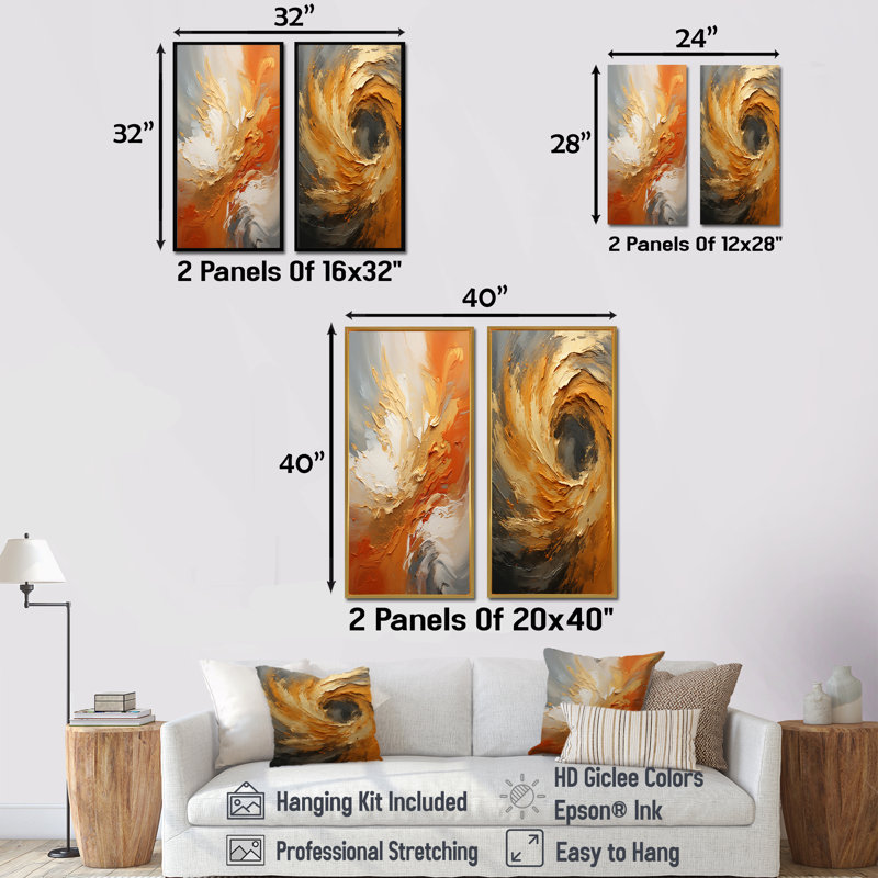 Golden Golden Surge - ensemble de 2 impressions sur toile à spirales abstraites, Toile tendue, H 32 po x l 33 po