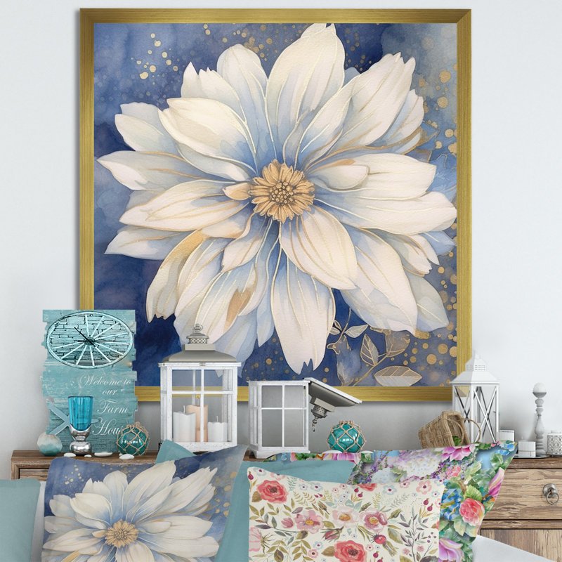 «Elegant White Chrysanthemum On Retro Blue», reproduction sur toile, H 16 po x l 16 po x P 1 po, Cadre doré à une seule photo