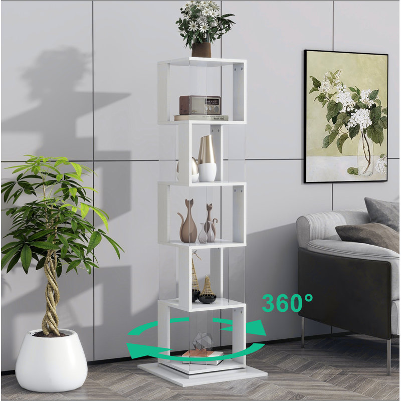 Bibliothèque rotative à 5 niveaux, bibliothèque simple avec plaque en acrylique, Blanc
