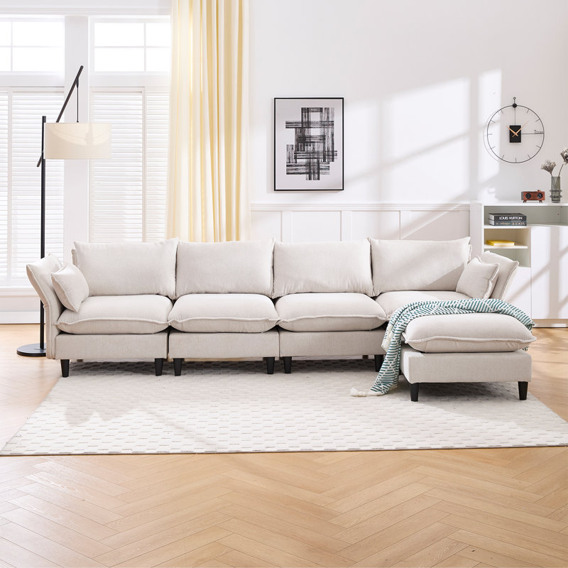 Tatum Modular Sectional Sofa with Movable Ottoman, Beige Fabric