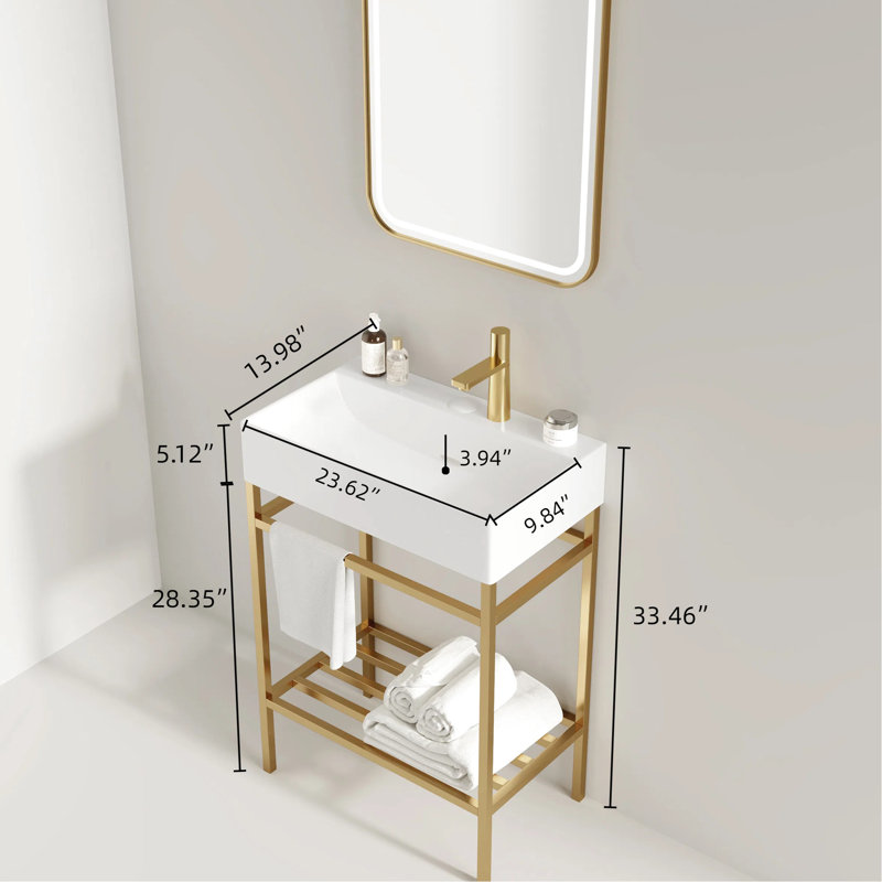 Meuble-lavabo de 24 po avec lavabo en céramique rectangulaire blanc brillant, console autoportante, pieds en métal ouverts, doré, tablettes de rangement
