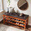 Banc de rangement en bois massif avec siège en cuir touffeté, banc à chaussures à 2 niveaux avec plateau relevable
