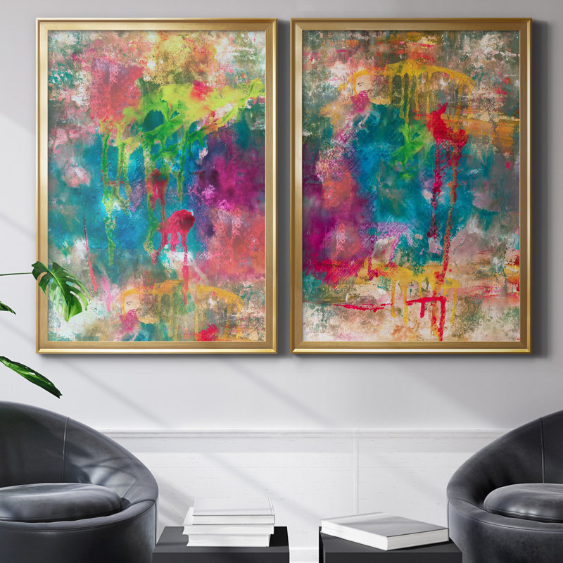 Summer Night I - Ensemble de 2 reproductions d'art, Toile encadrée dorée, Pas de tapis, H 26,5 po x l 73 po x P 1,5 po