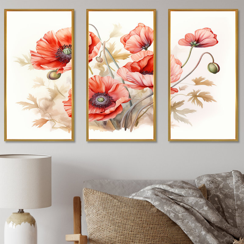 «Poppies Charm In Winter Delight I» - ensemble d'art mural coquelicots, Cadre flottant doré, H 40 po x l 60 po x P 1 po