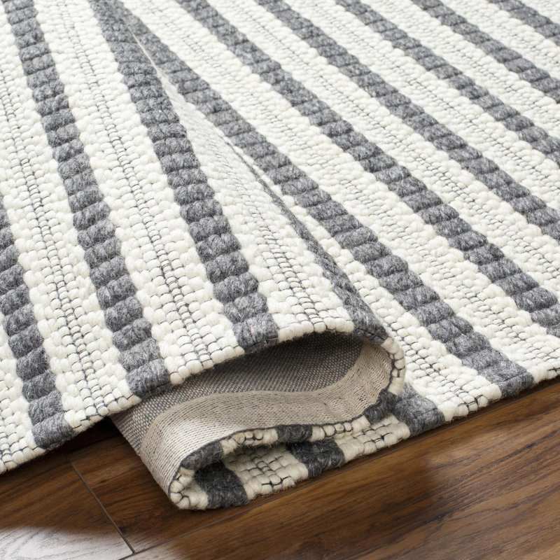Empoli Hand Woven Wool Striped Area Rug, Dark Gray/White, Rectangle 5' x 7'6"