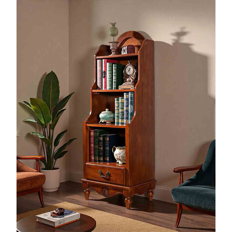 Classic Cherry Wood Open Shelf Bookcase with Bottom Drawer