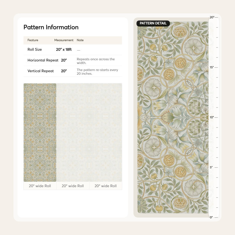 Papier peint à motif de treillis Vintage Floral Vine en vert sauge et or, Peel and Stick