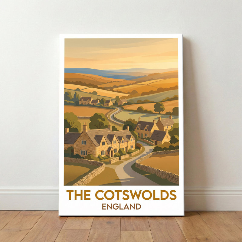 The Cotswolds, England - Golden Valley Romance Travel Poster. Giclee Print On Wrapped Canvas. Wall Art, Home Decor - Regions & Scenic Areas, England - Wrapped Canvas Print