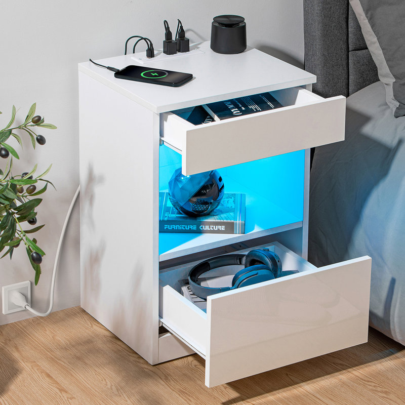 Breslyn Manufactured Wood Nightstand with Charging Station, LED Light and Shelf, White