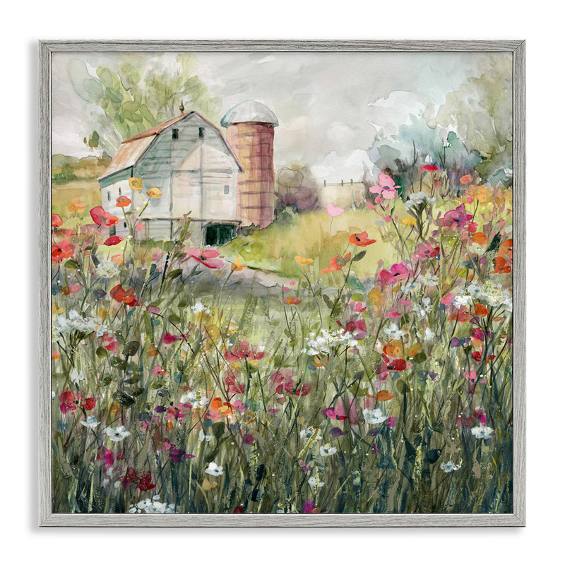 «Vibrant Meadow & Barn Gray», estampe numérique par Carol Robinson, H 17 po x l 17 po x P 1,5 po, Estampe numérique Farmhouse