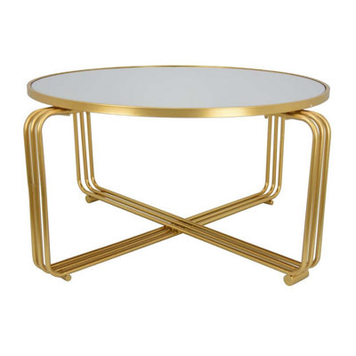 Plant Stand Coffee Table, 37 Inch Round Mirror Top, Modern Gold Metal by Benjara