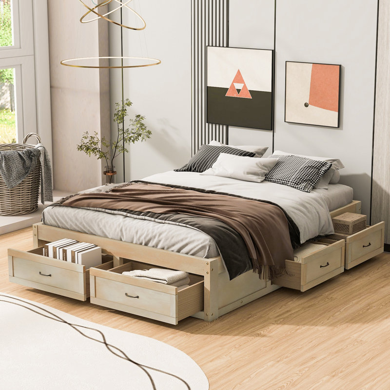 Queen Size Platform Bed with 6 Storage Drawers, No Headboard Wooden Bed Frame, Modern Space-Saving Bed for Bedroom, Antique Natural