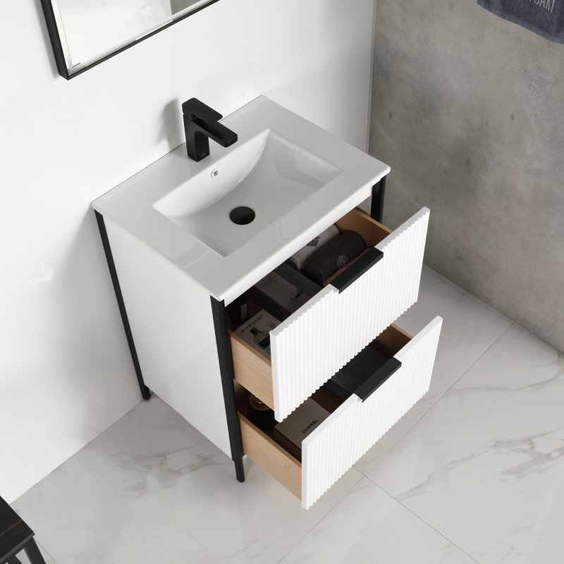 Meuble-lavabo autoportant de 24 po avec lavabo Chriselda, Blanc, Blanc