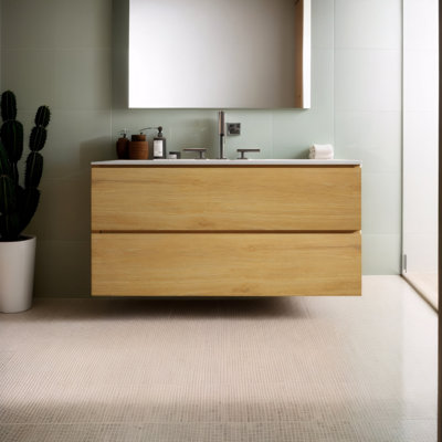 Natural Oak Wall Mount Floating Bathroom Vanity With Ceramic Sink (three Faucet Holes) - One-piece Basin, Large Storage, Pre-assembled For Modern Bathroom