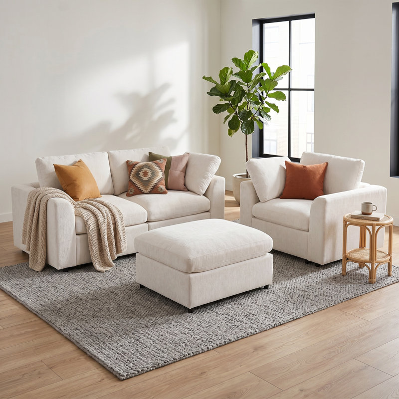 Ensemble de canapé modulaire en chenille 3 pièces, causeuse 2 places + fauteuil 1 place + repose-pieds mobile, canapé en bois massif avec 2 coussins décoratifs, salon moderne
