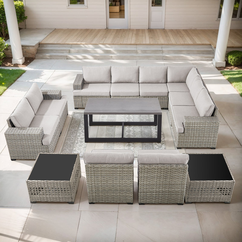 Clute Arnoltice 10 - Person Outdoor Wicker Rattan Patio Sectional Seating Group With Armless Chairs And Coffee Table, Beige