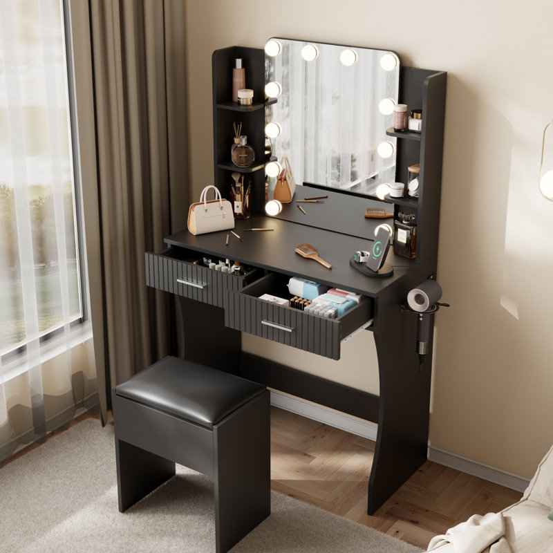 Coiffeuse 31 "avec miroir et 2 tiroirs, Noir, noir, noir, noir