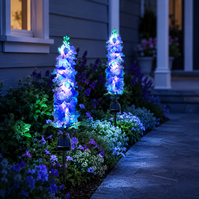Solar Flower Lights Outdoor Garden Decor Delphinium Stake Lights IP65 Waterproof with 2 Modes for Patio Yard Pathway Lawn Flower Bed