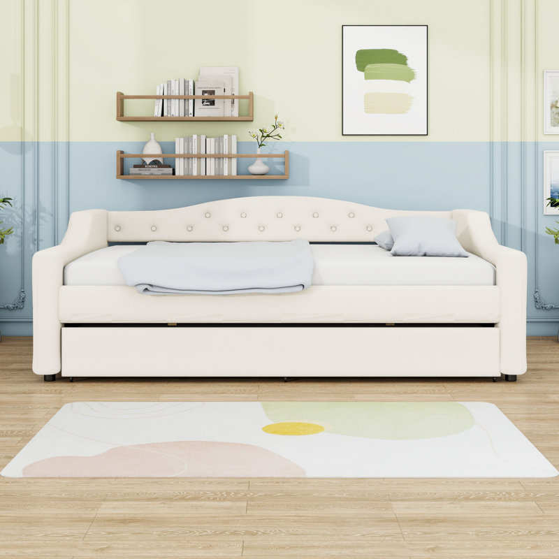 Full XL Upholstered Daybed with LED Lighting and Twin XL Trundle, Beige