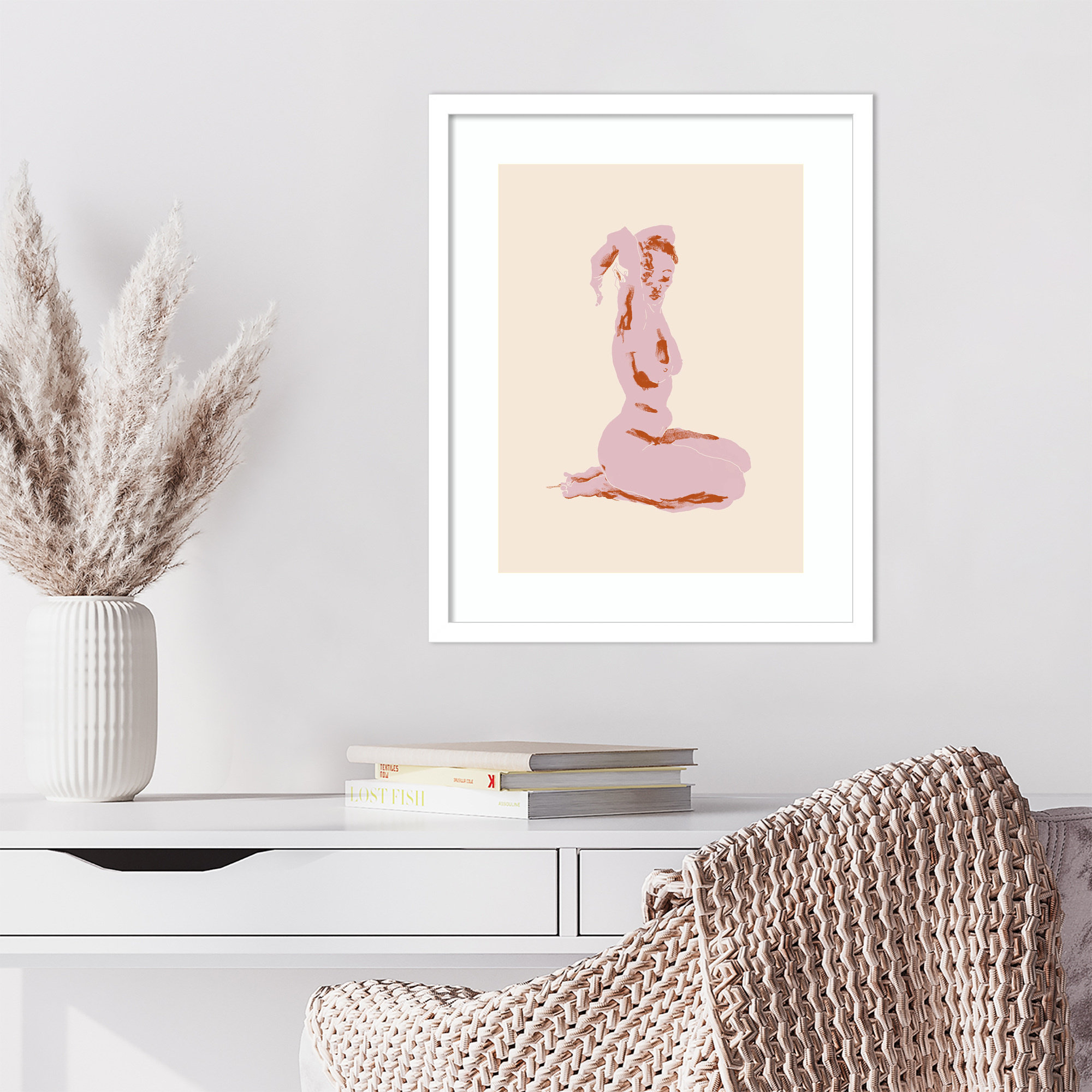 Nude With Arms Folded Over Her Head by Nantucket Wood Framed Wall Art Print, White, 21" H x 17" W