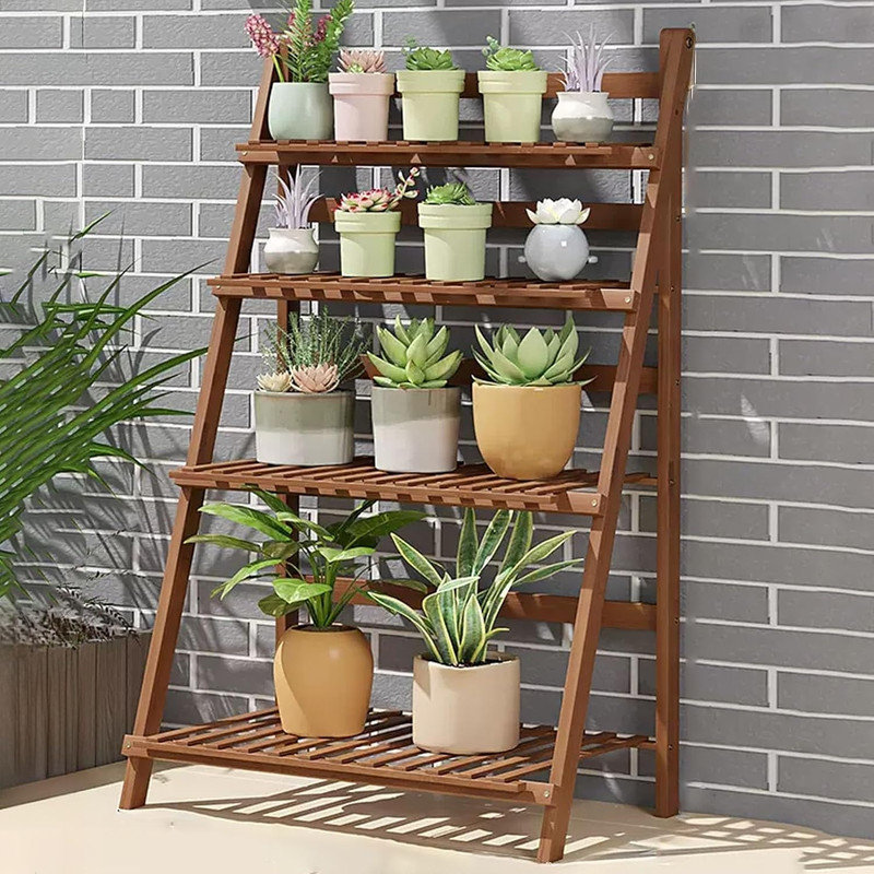 Support pour plante pliable à 4 niveaux en bambou - peu encombrant et durable, H 39 po x L 17,3 po x P 47,6 po, Brun
