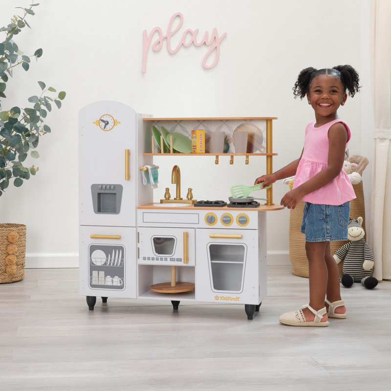 Vintage Wooden White Play Kitchen With Ice Maker And Play Phone