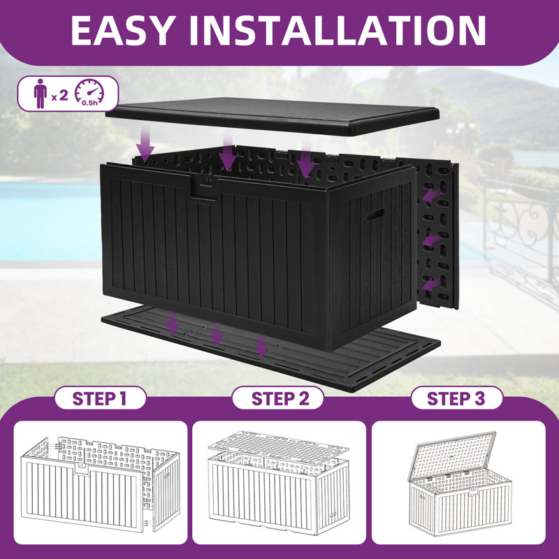 Balconera 150 Gallon Water Resistant Resin Lockable Deck Box, Black, 150