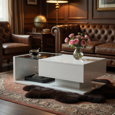 ON-TREND Modern Coffee Table With Tempered Glass, Wooden Cocktail Table With High-Gloss UV Surface, Modernist 2-Tier Rectangle Center Table For Living