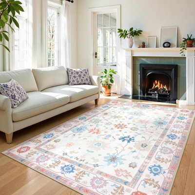 Kaldi Washable Oushak Runner, Non Slip Area Rug for Bedroom, Floral Boho Runners Vintage Mat