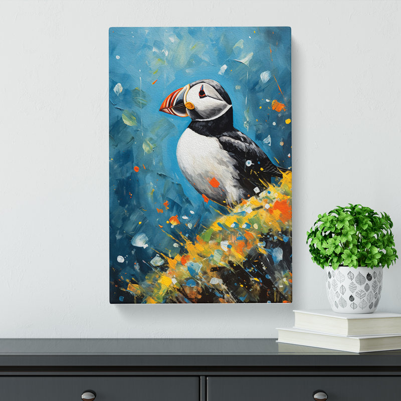 Puffin Action Painting Art - Wrapped Canvas, 50cm H x 35cm W x 3cm D