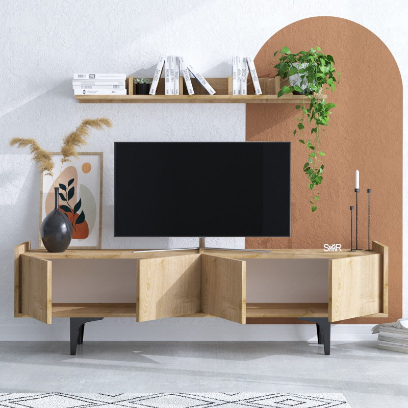 Sleek Modern TV Unit, Sapphire Oak, 59.1 x 22.4 x 15.7 inches | 100% Melamine Coated Particle Board, Antibacterial Finish | Stylish Wall Shelf: 39.4 x 5.9 x 6.7 inches | Perfect for Scandinavian Home Decor, Assembly Required