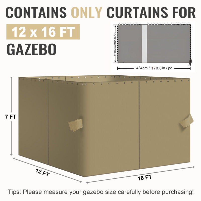 4-Panel Outdoor Gazebo Curtains, 82.7" H x 144" W192" D, Khaki