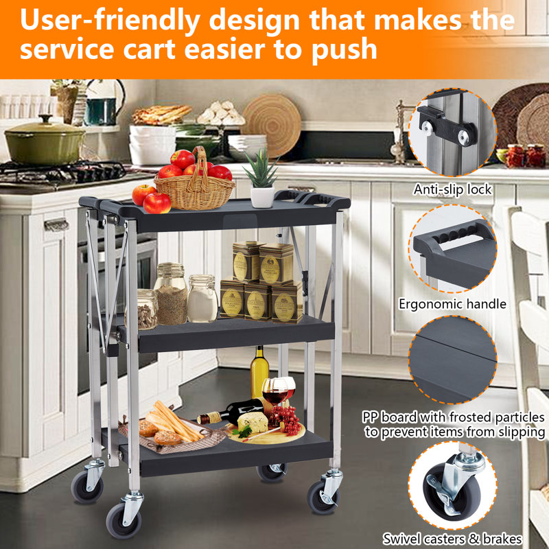 Portable Folding Service Cart, 3-tier Fold Up Rolling Cart,  Up To 330 Lbs Load Capacity,t For Office Home Warehouse